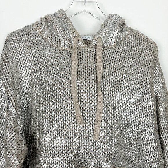Zara Sweater Women's Large Metallic Silver Foil Hooded Knit Pullover Sweatshirt - Picture 4 of 15